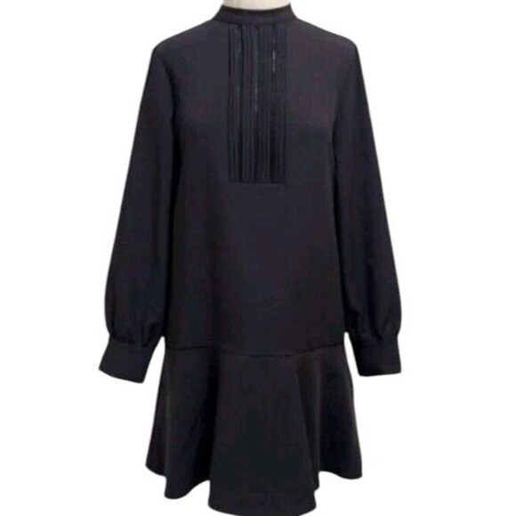 Zara Flare Shift Mini Cocktail Dress Women's Size M Black Long Sleeve Polyester - Picture 1 of 11